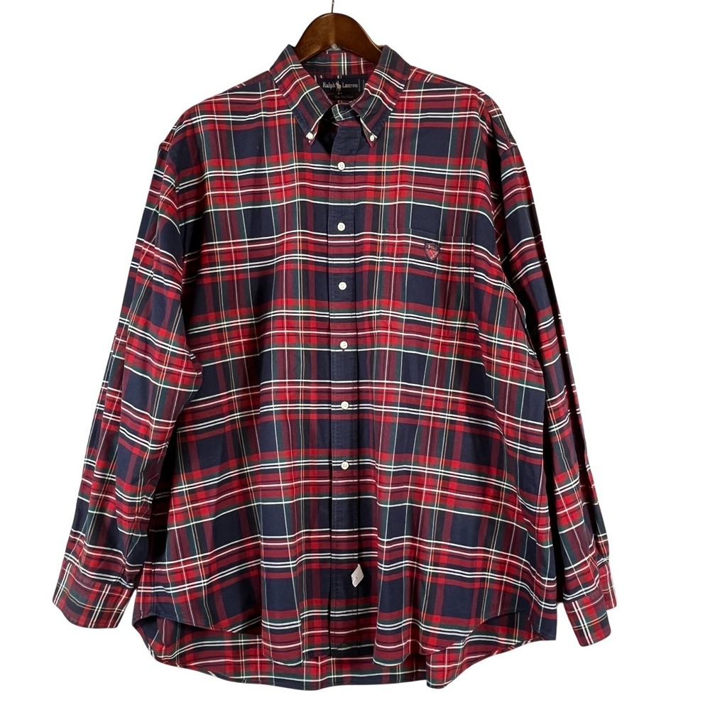 Ralph Lauren Mens XXL Big Shirt Crest Plaid Button Down Preppy Tartan Red Navy